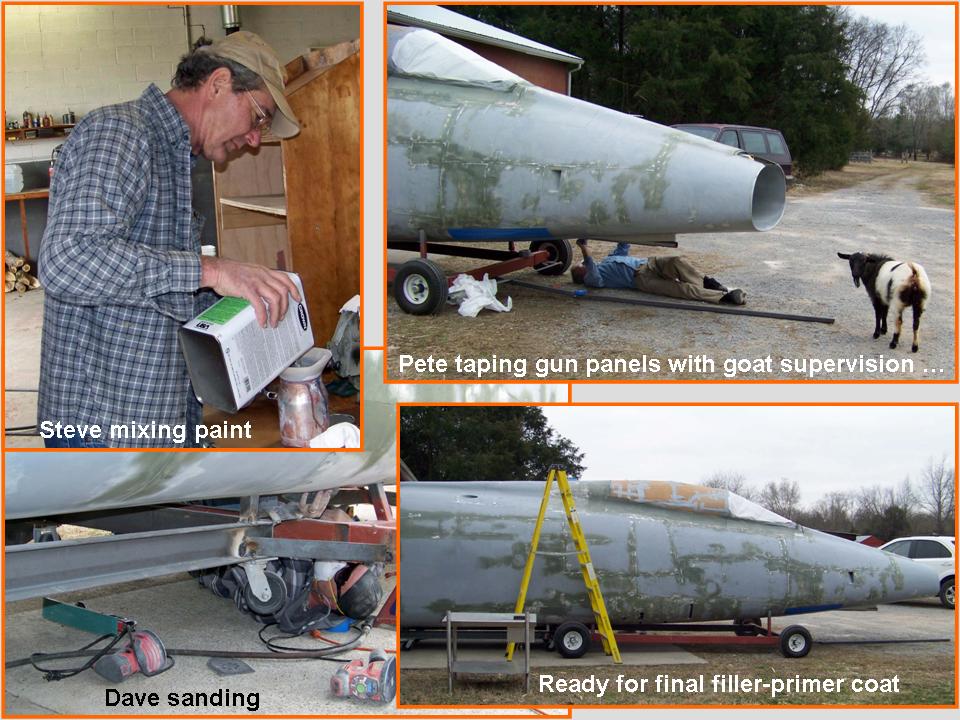 Composite picture of the preparations for the final primer-filler paint.
            Click on the picture to enlarge it.